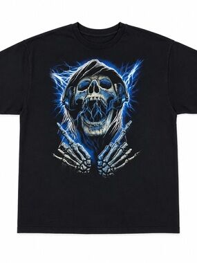 Delta Black Tee with Electric Blue Skull Graphic
